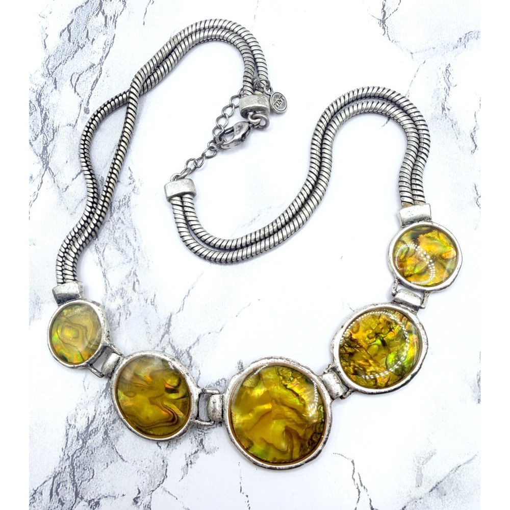 TINT Y2K Yellow Swirl Resin Statement Necklace 16" Silver Tone Oval Links